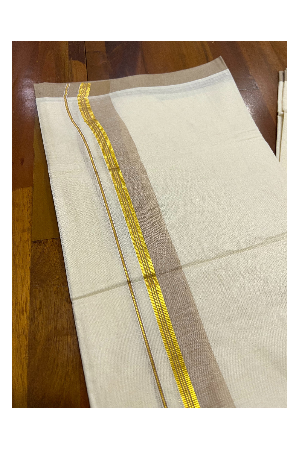 Pure Cotton Off White Double Mundu with Light Brown and Kasavu Border (South Indian Dhoti)