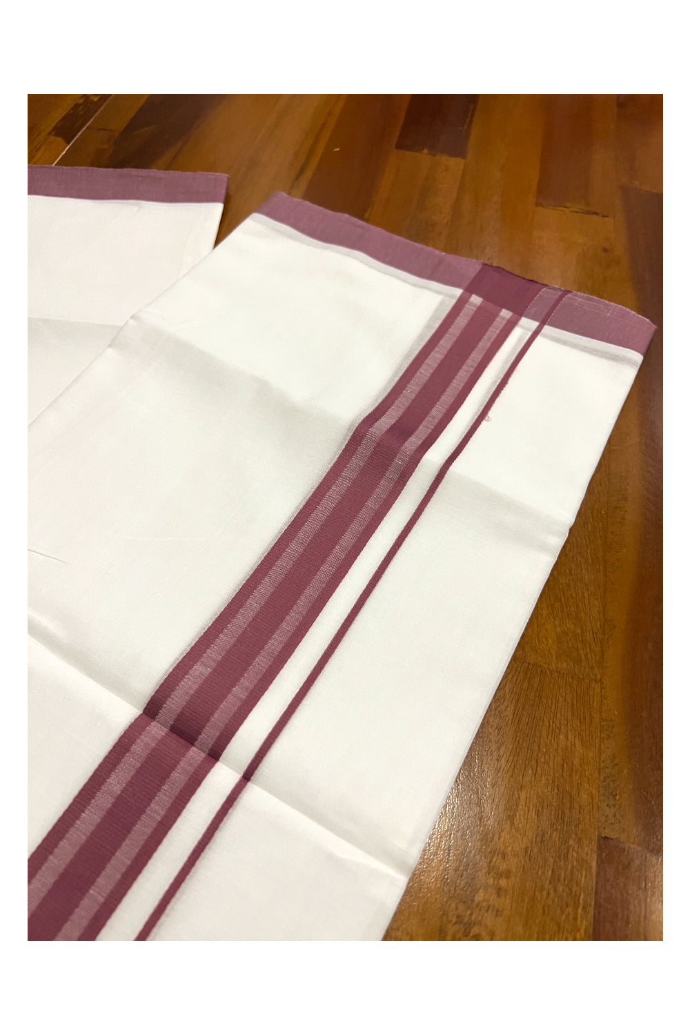 Pure White Cotton Double Mundu with Brown Line Border (South Indian Dhoti)