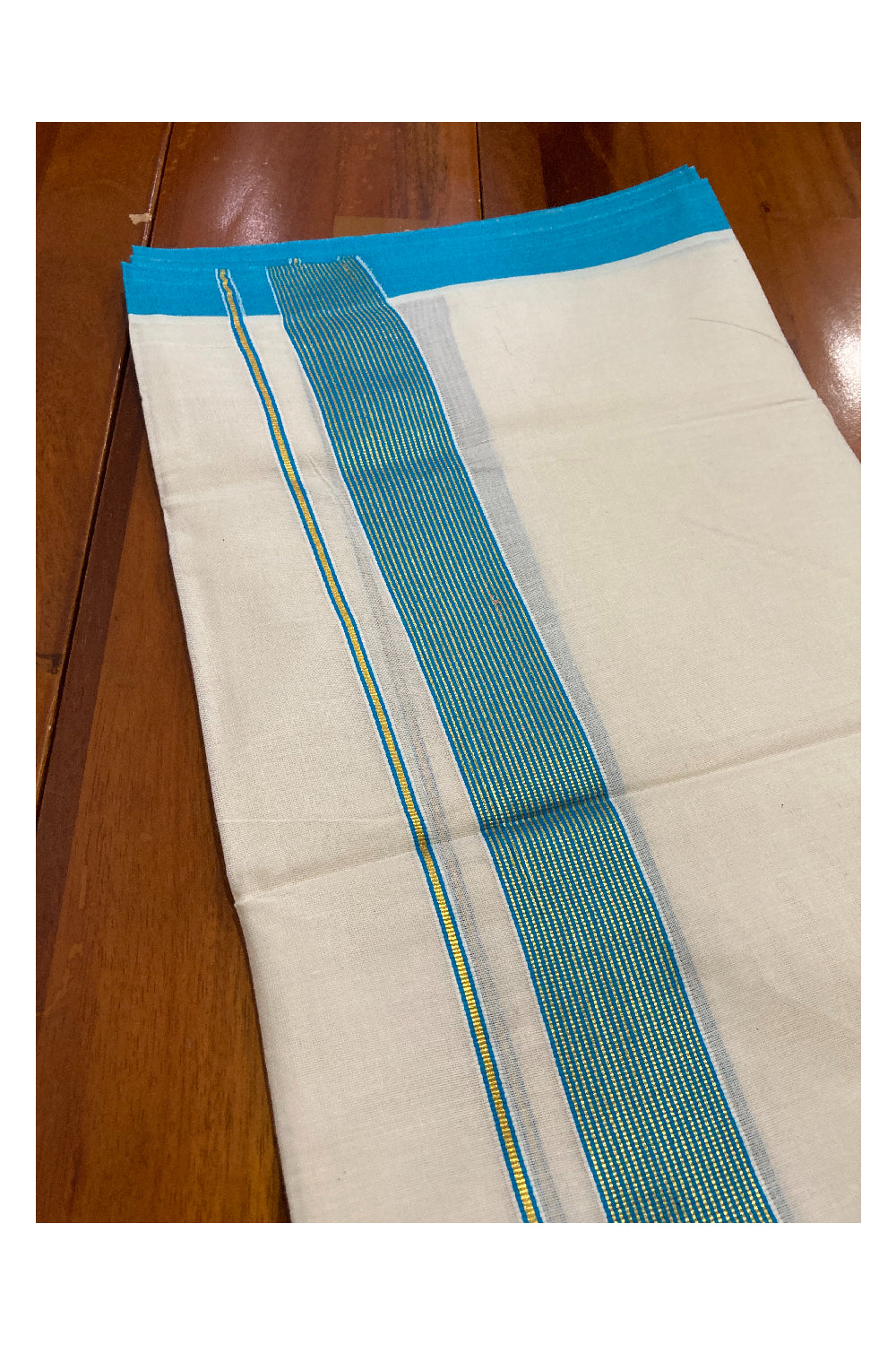 Off White Kerala Double Mundu with Kasavu and Light Blue Line Border (South Indian Dhoti)