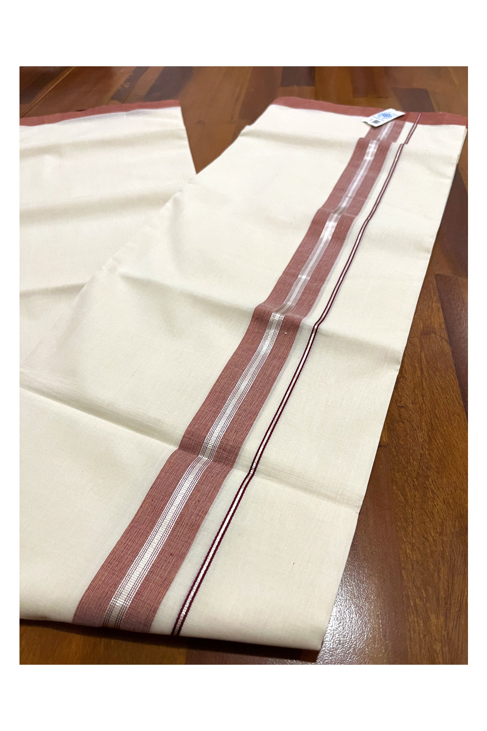 Southloom Premium Unakkupaavu Handloom Wedding Mundu with Brick Red and Silver Kasavu Border