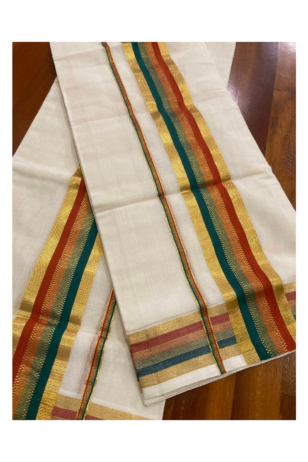 Southloom Premium Handloom Set Mundu with Kasavu Green and Red Border (2.80 Mtr)