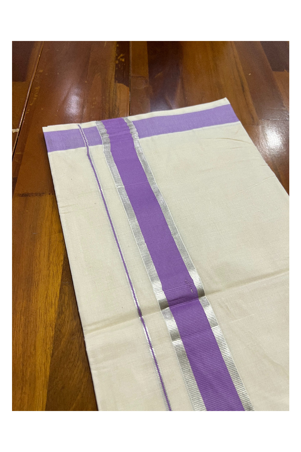 Off White Kerala Double Mundu with Silver Kasavu and Violet Border (South Indian Dhoti)