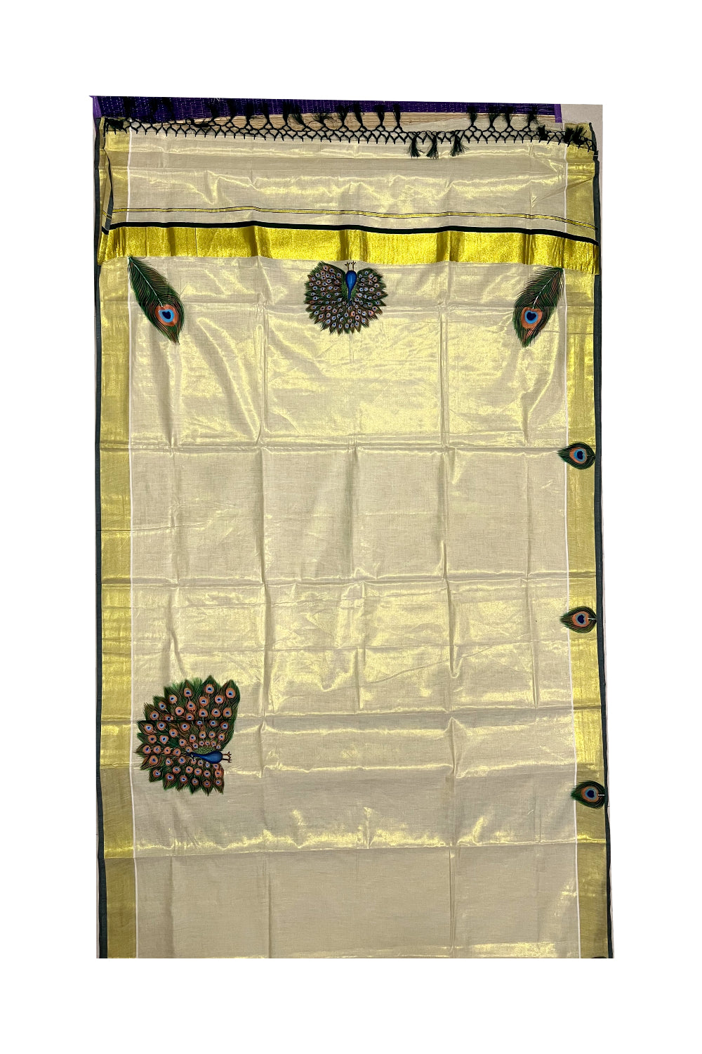 Kerala Tissue Kasavu Saree with Hand Painted Peacock Design and Dark Green Tassels Work