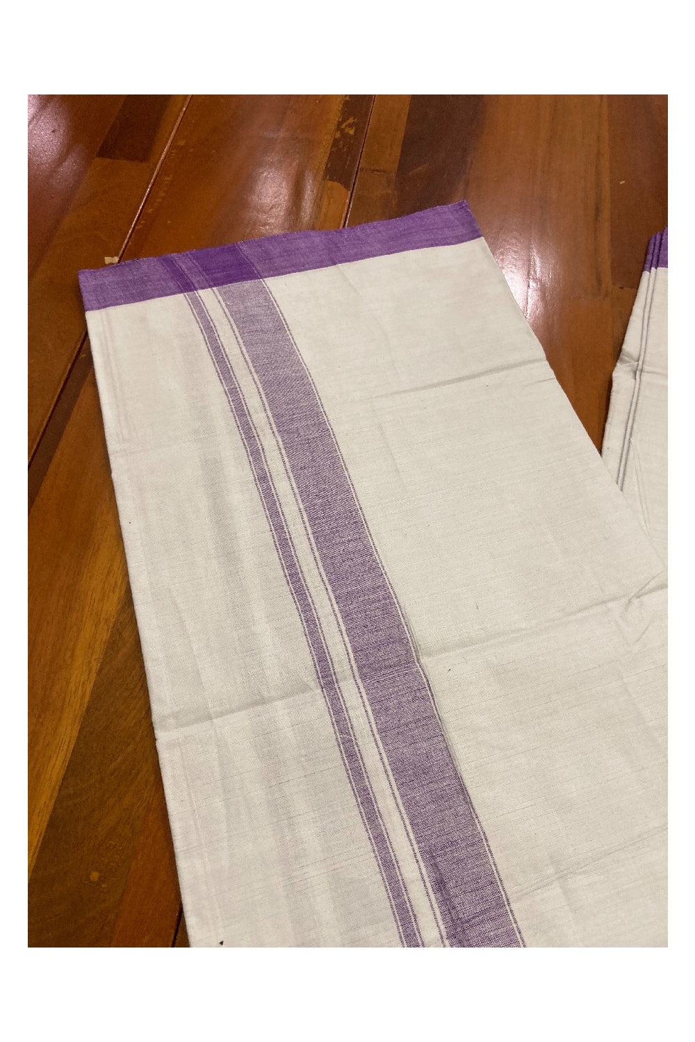 Southloom Premium Handloom Pure White Solid Single Mundu (Lungi) with Violet Border