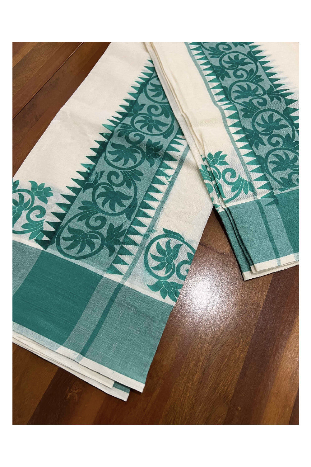 Kerala Cotton Set Mundu (Mundum Neriyathum) with Turquoise Floral Block Printed Temple Border