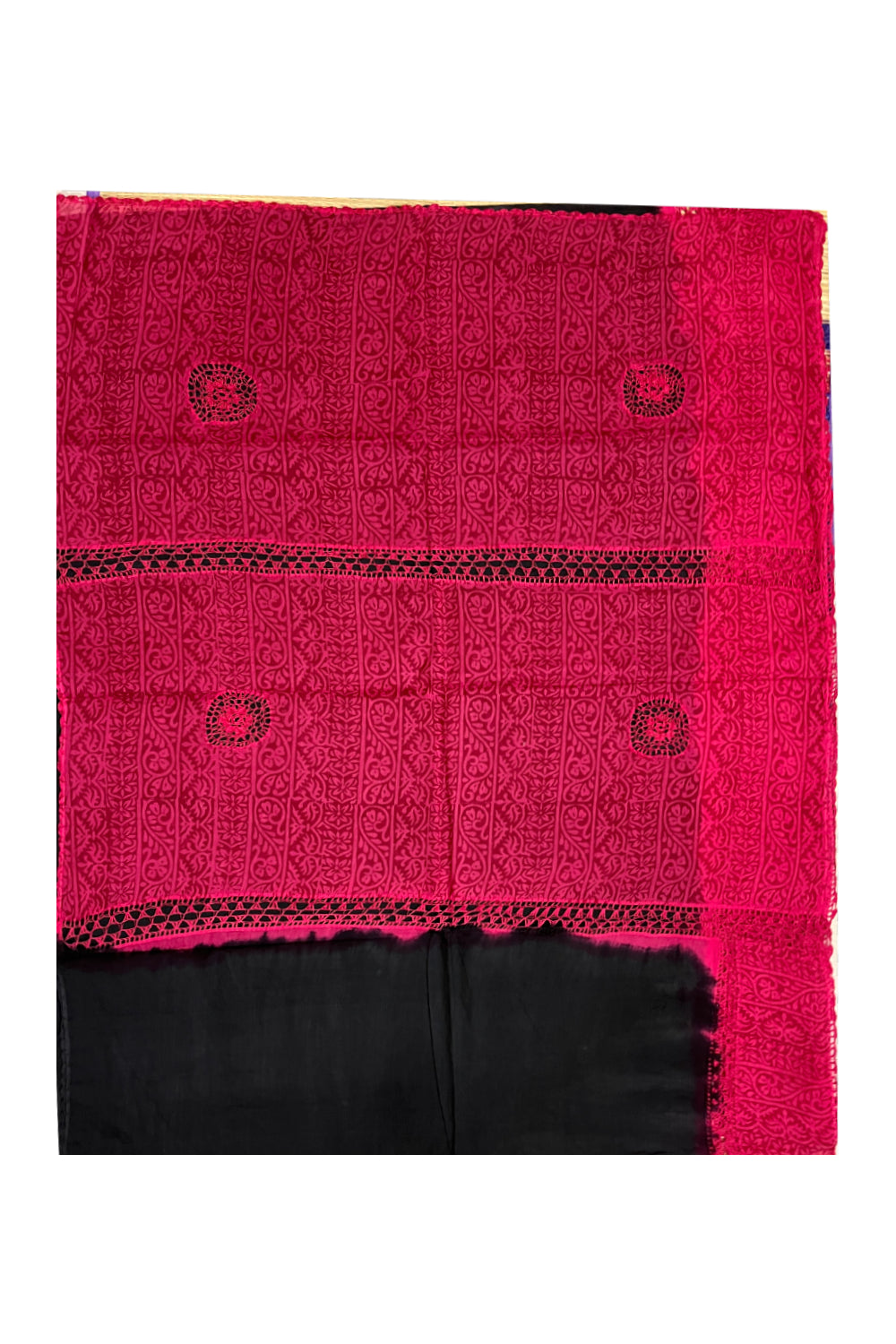 Southloom Pure Cotton Black Saree with Designer Magenta Crochet works on Border