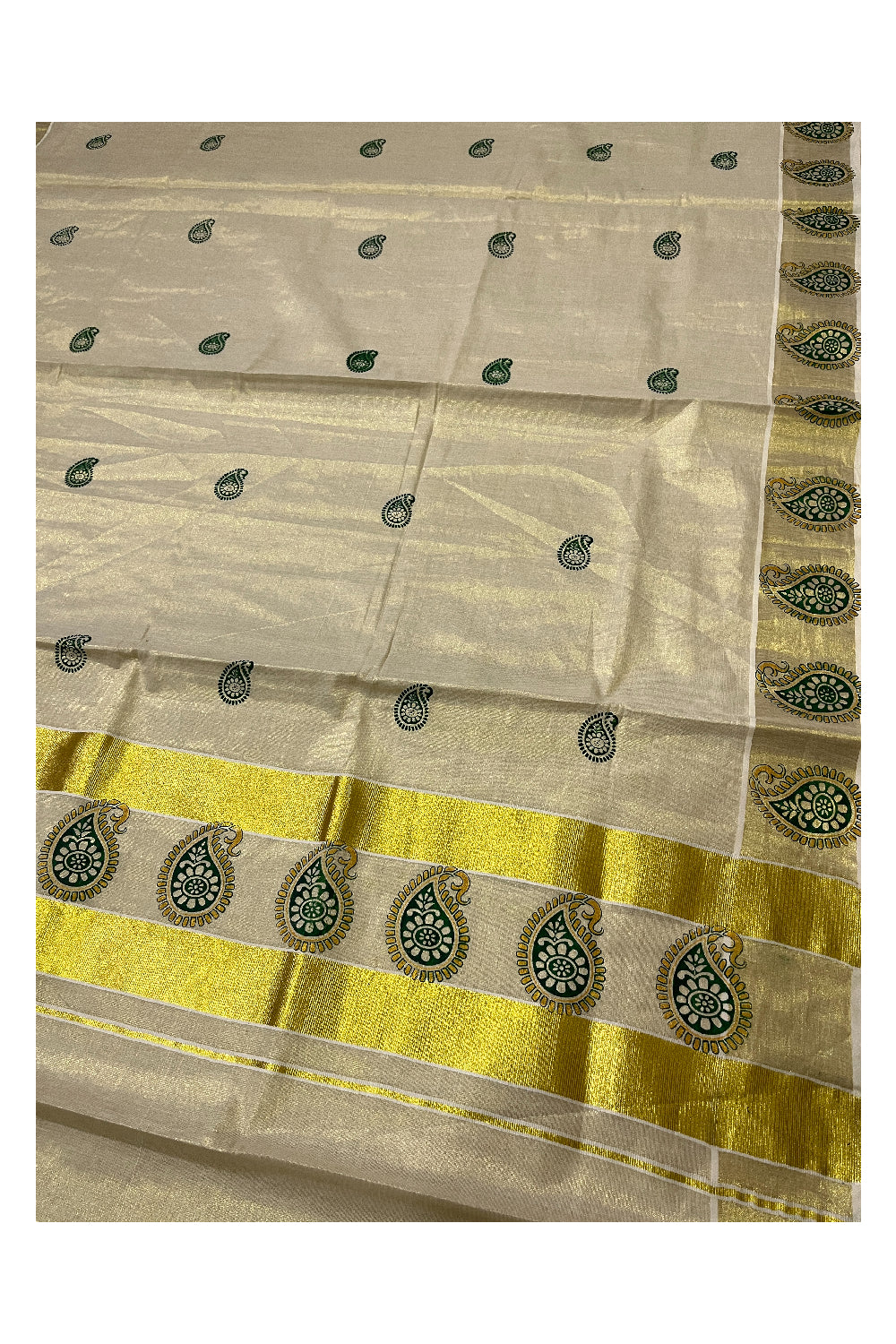 Kerala Tissue Kasavu Green Paisley Block Printed Design Saree