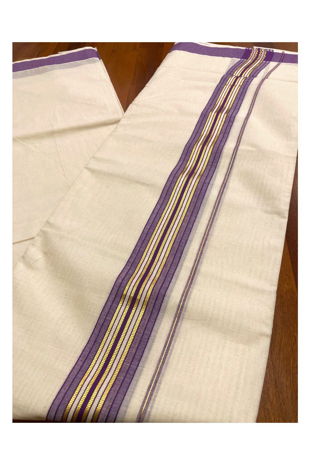 Pure Cotton Off White Double Mundu with Violet and Kasavu Border (South Indian Dhoti)