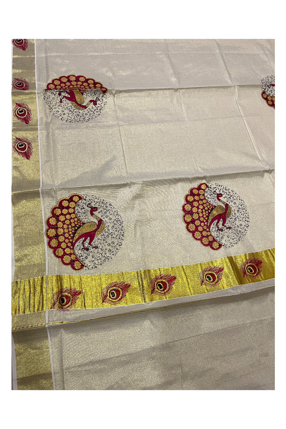 Kerala Tissue Kasavu Saree with Red Peacock Mural Printed Design