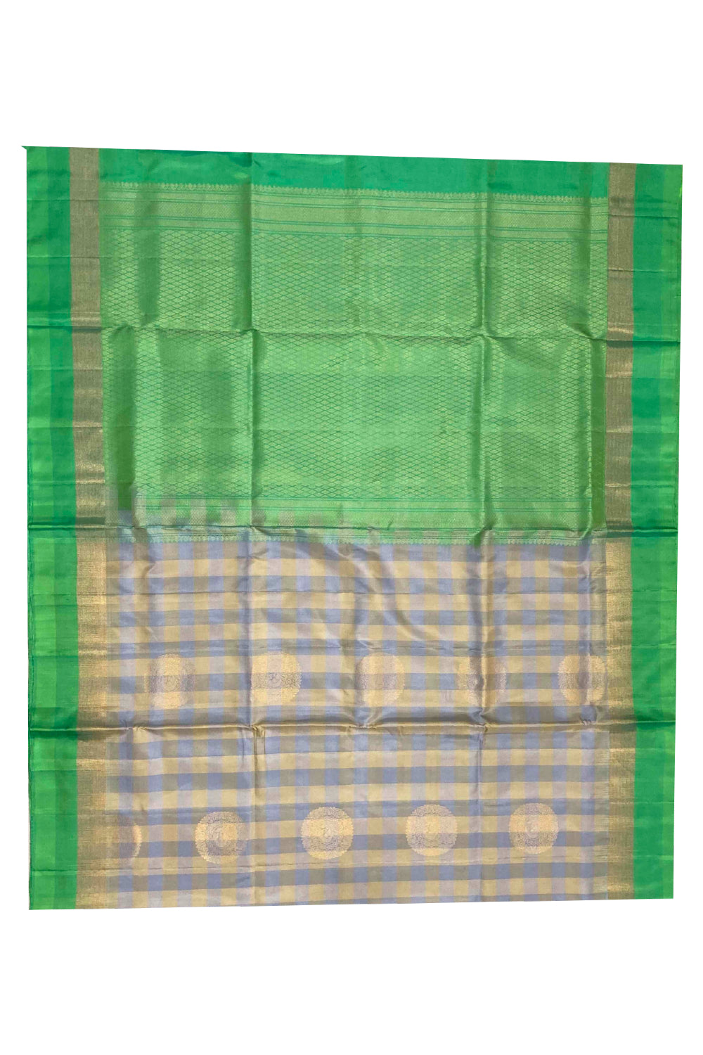 Southloom Handloom Pure Silk Kanchipuram Saree in Yellow Blue Check Design and Floral Motifs