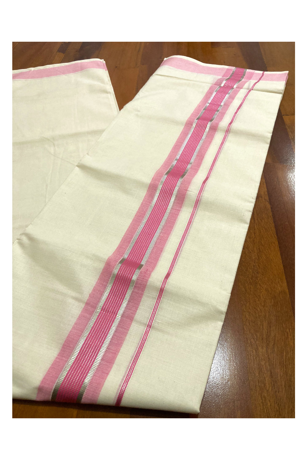 Off White Pure Cotton Double Mundu with Silver Kasavu and Pink Border (South Indian Dhoti)