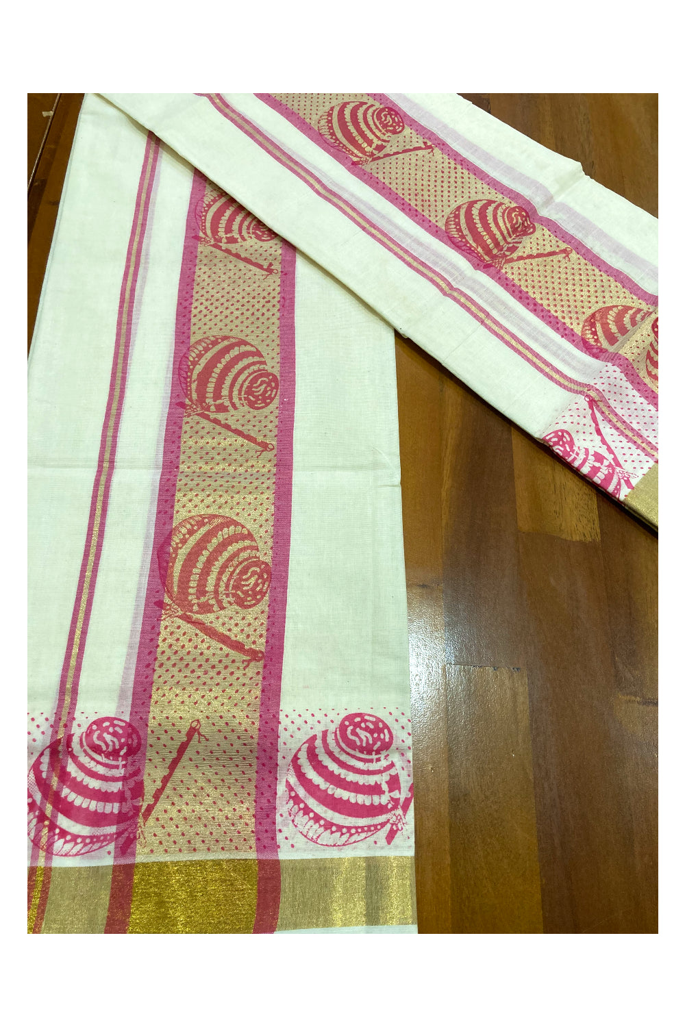 Kerala Cotton Kasavu Set Mundu (Mundum Neriyathum) with Pink Block Prints on Border