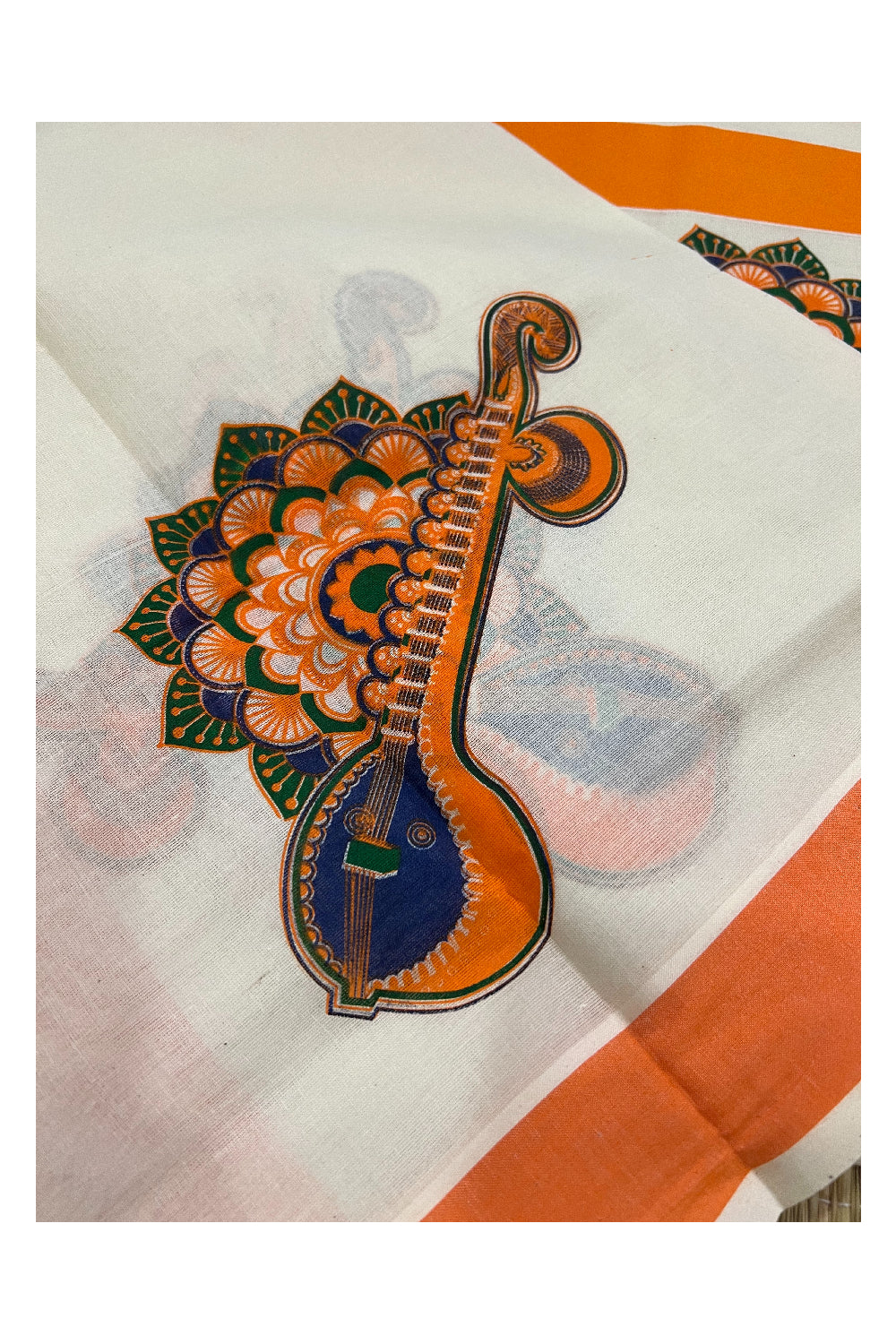 Kerala Cotton Set Mundu (Mundum Neriyathum) with Mural Printed Orange Border