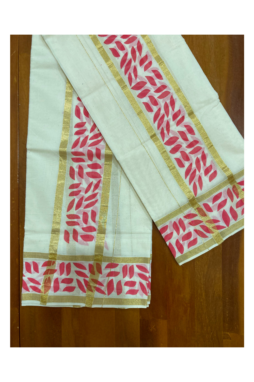 Kerala Cotton Kasavu Set Mundu (Mundum Neriyathum) with Pink Block Prints on Border