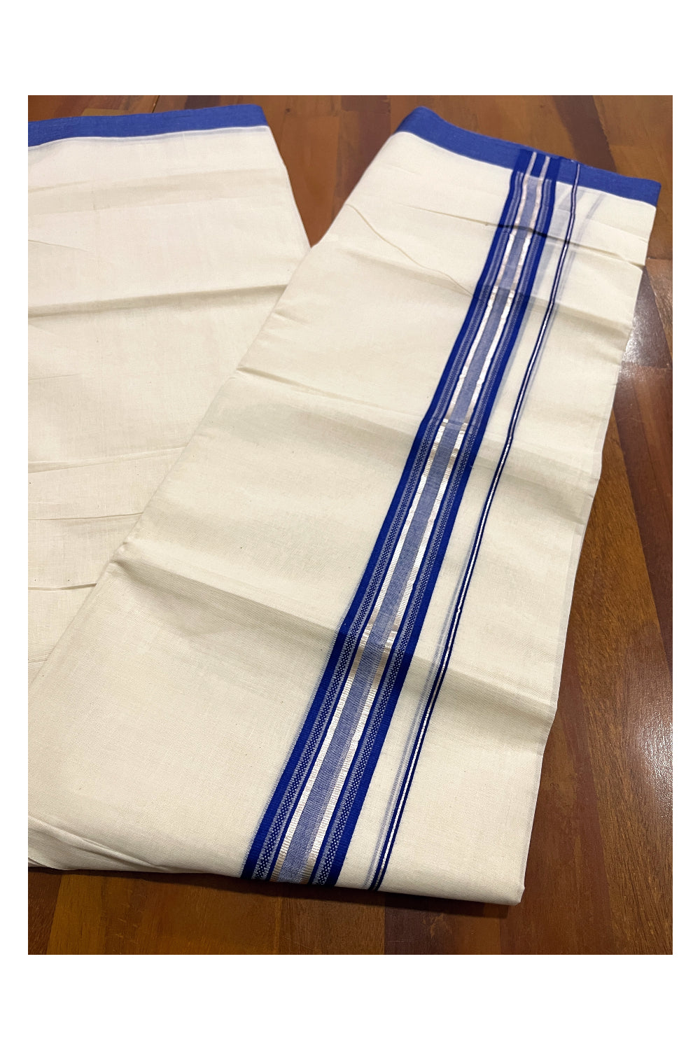 Pure Cotton Off White Double Mundu with Blue and Silver Kara (South Indian Dhoti)