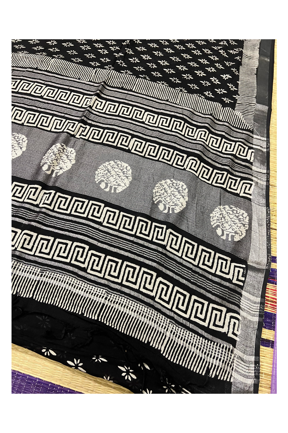 Southloom Linen Black Designer Saree with White Prints and Tassels on Pallu