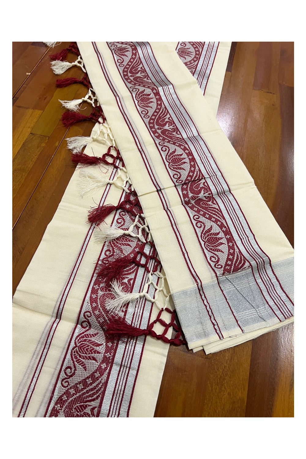 Kerala Cotton Set Mundu Single (Mundum Neriyathum) with Silver Kasavu and Maroon Woven Border and Tassels Work