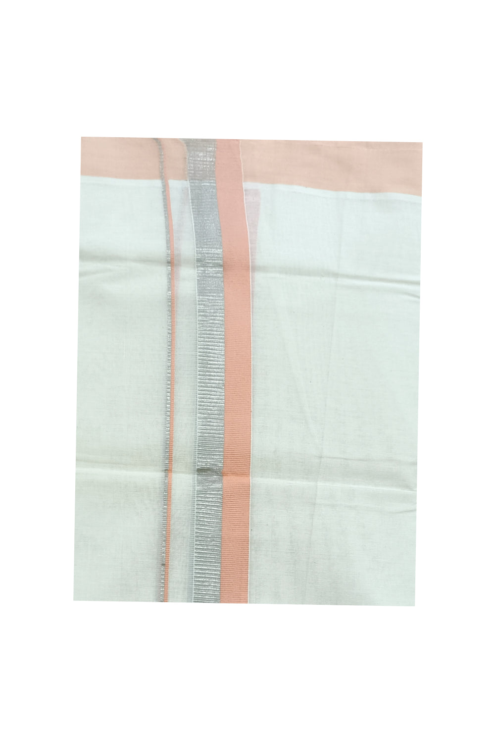 Off White Kerala Double Mundu with Silver Kasavu and Sandal Colour Kara (South Indian Dhoti)