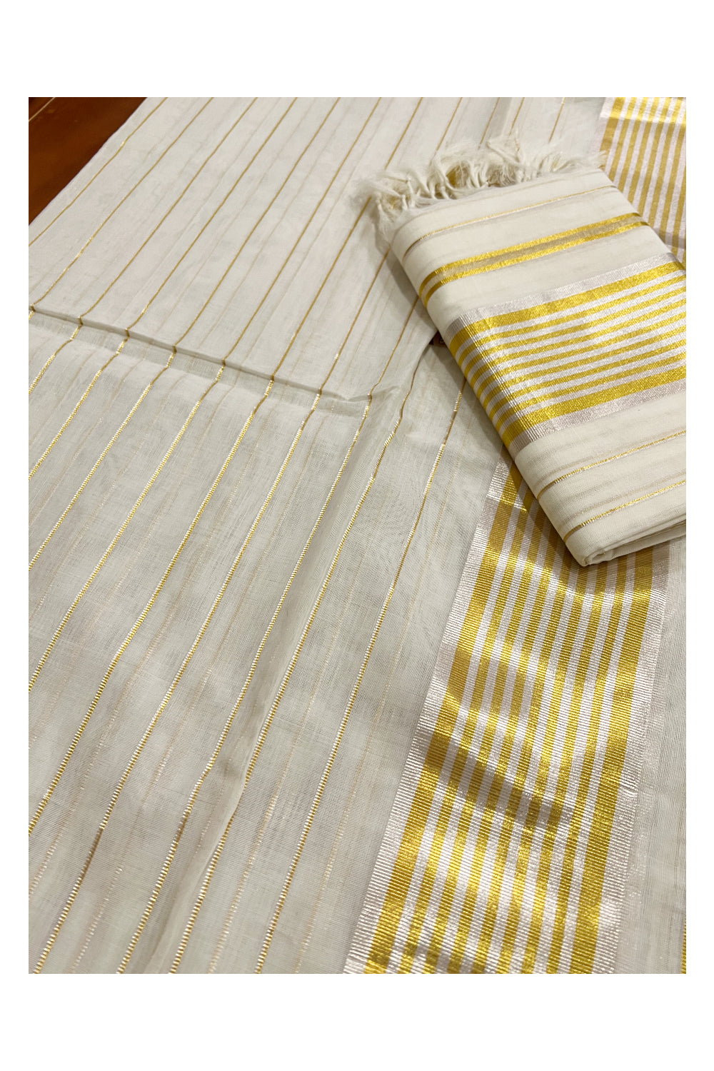 Southloom™ Handloom Premium Single Mundum Neriyathum (Set Mundu) with Silver and Golden Kasavu Lines Work on Body 2.80 Mtrs