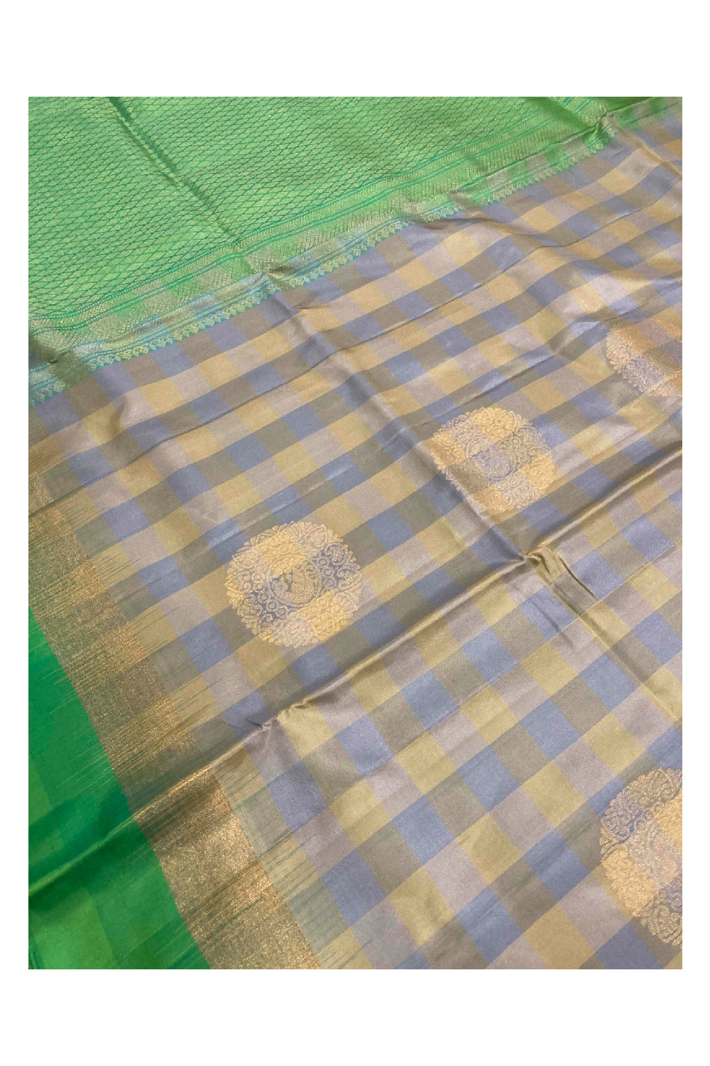 Southloom Handloom Pure Silk Kanchipuram Saree in Yellow Blue Check Design and Floral Motifs