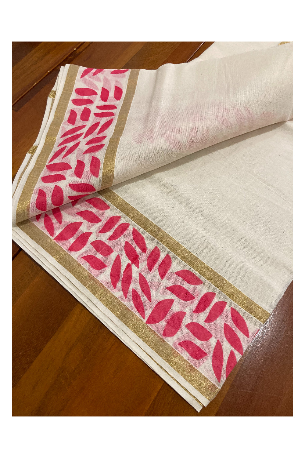 Kerala Cotton Kasavu Set Mundu (Mundum Neriyathum) with Pink Block Prints on Border