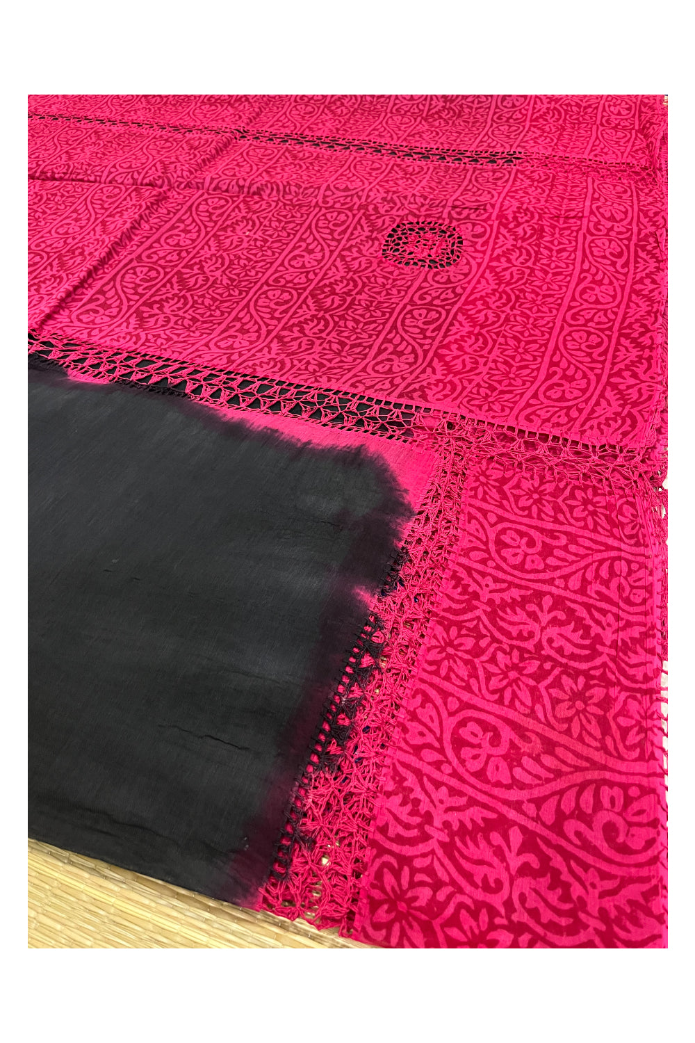 Southloom Pure Cotton Black Saree with Designer Magenta Crochet works on Border