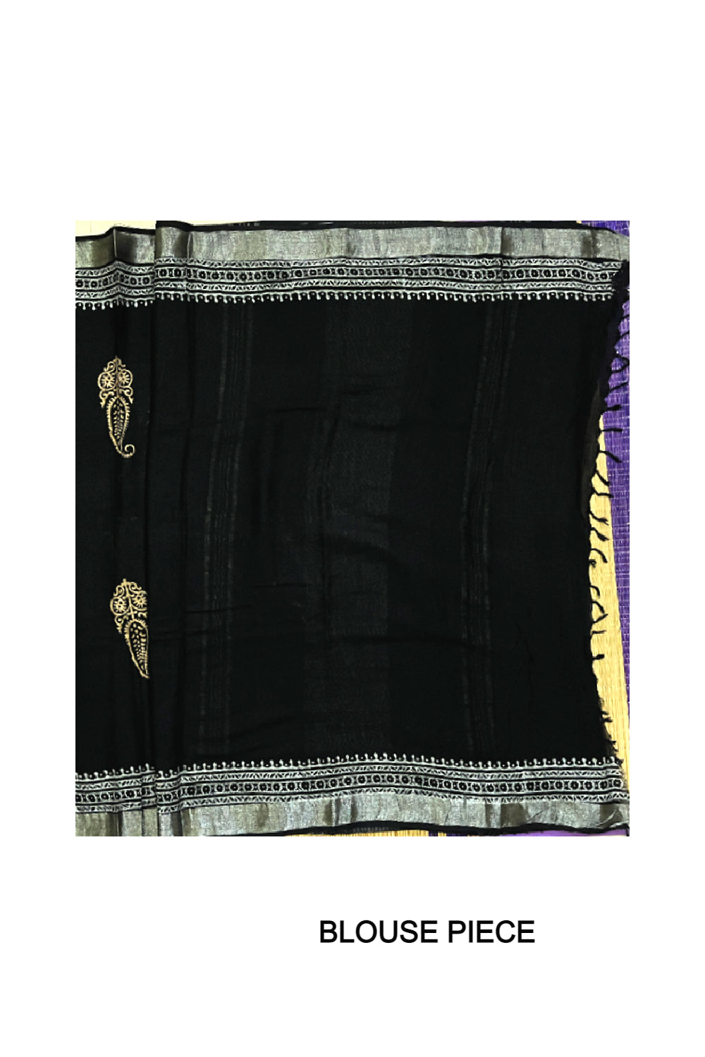 Southloom Linen Designer Black Saree with Fabric Prints on Body and Tassels Works