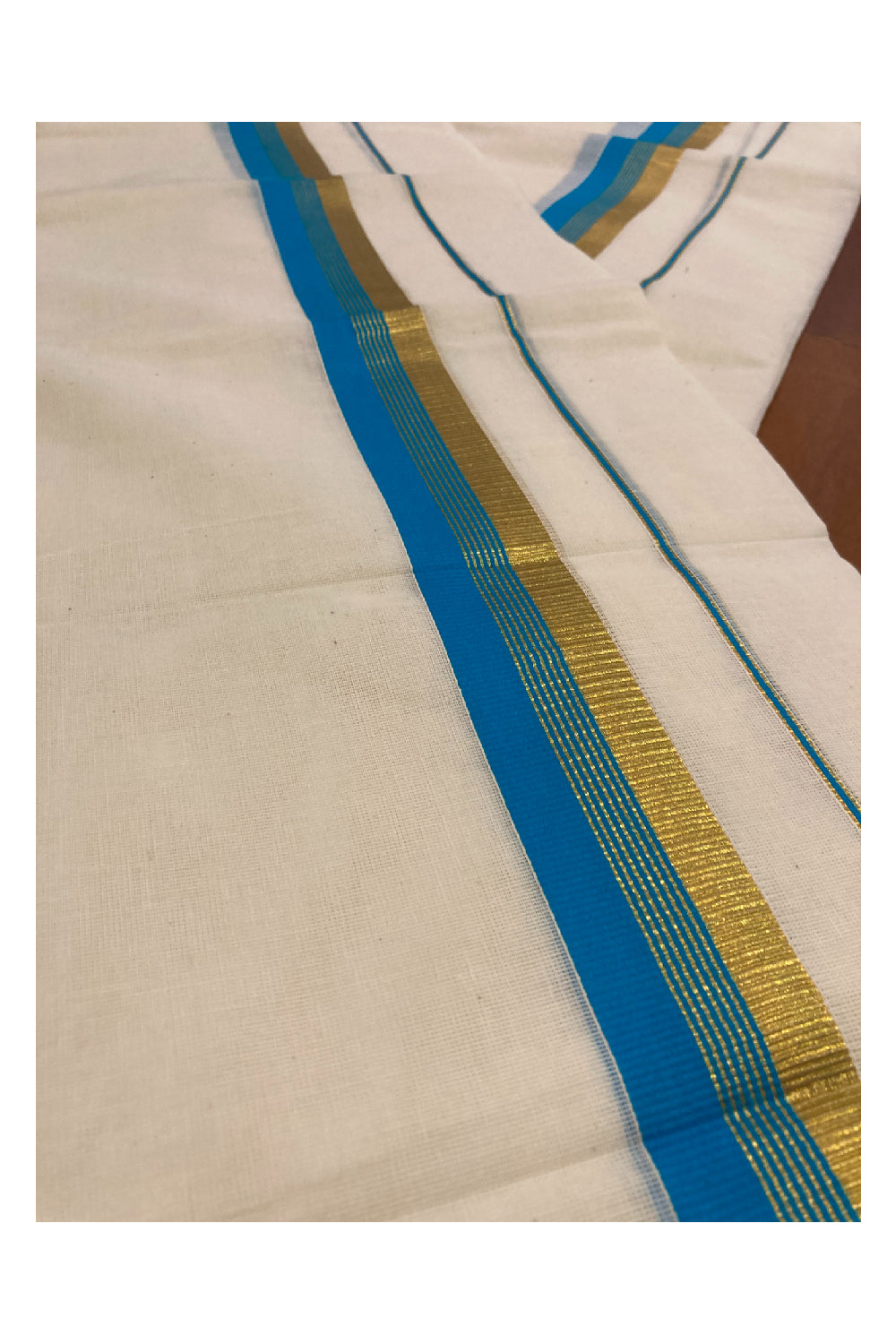 Kerala Cotton Mundum Neriyathum Double (Set Mundu) with Light Blue and Kasavu Border