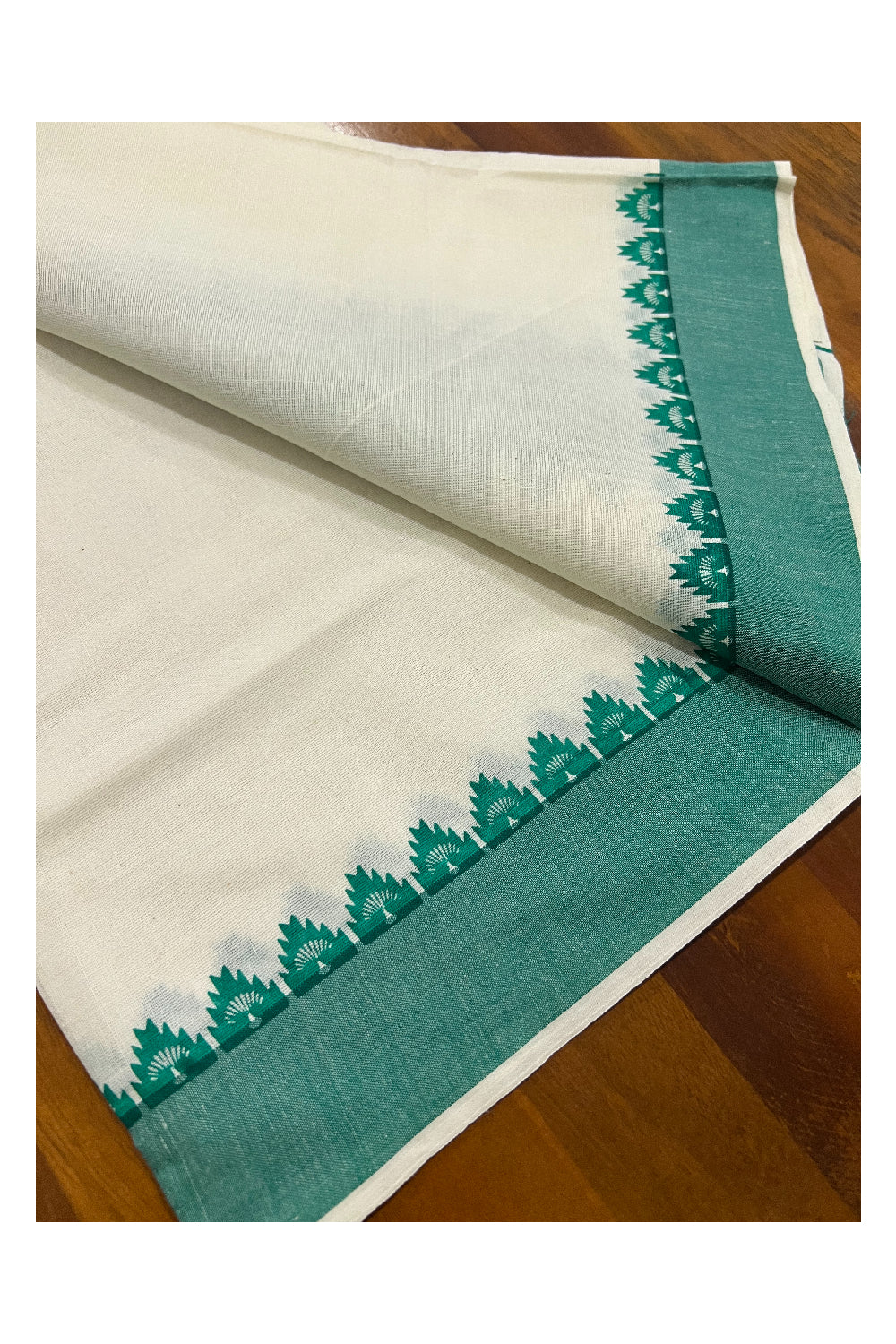 Pure Cotton Set Mundu (Mundum Neriyathum) with Green Temple Block Prints Border