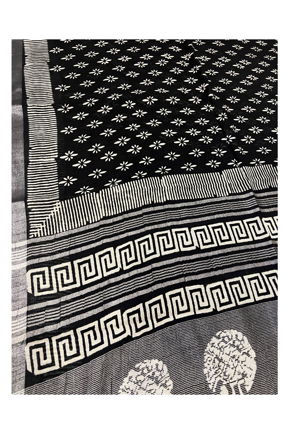 Southloom Linen Black Designer Saree with White Prints and Tassels on Pallu