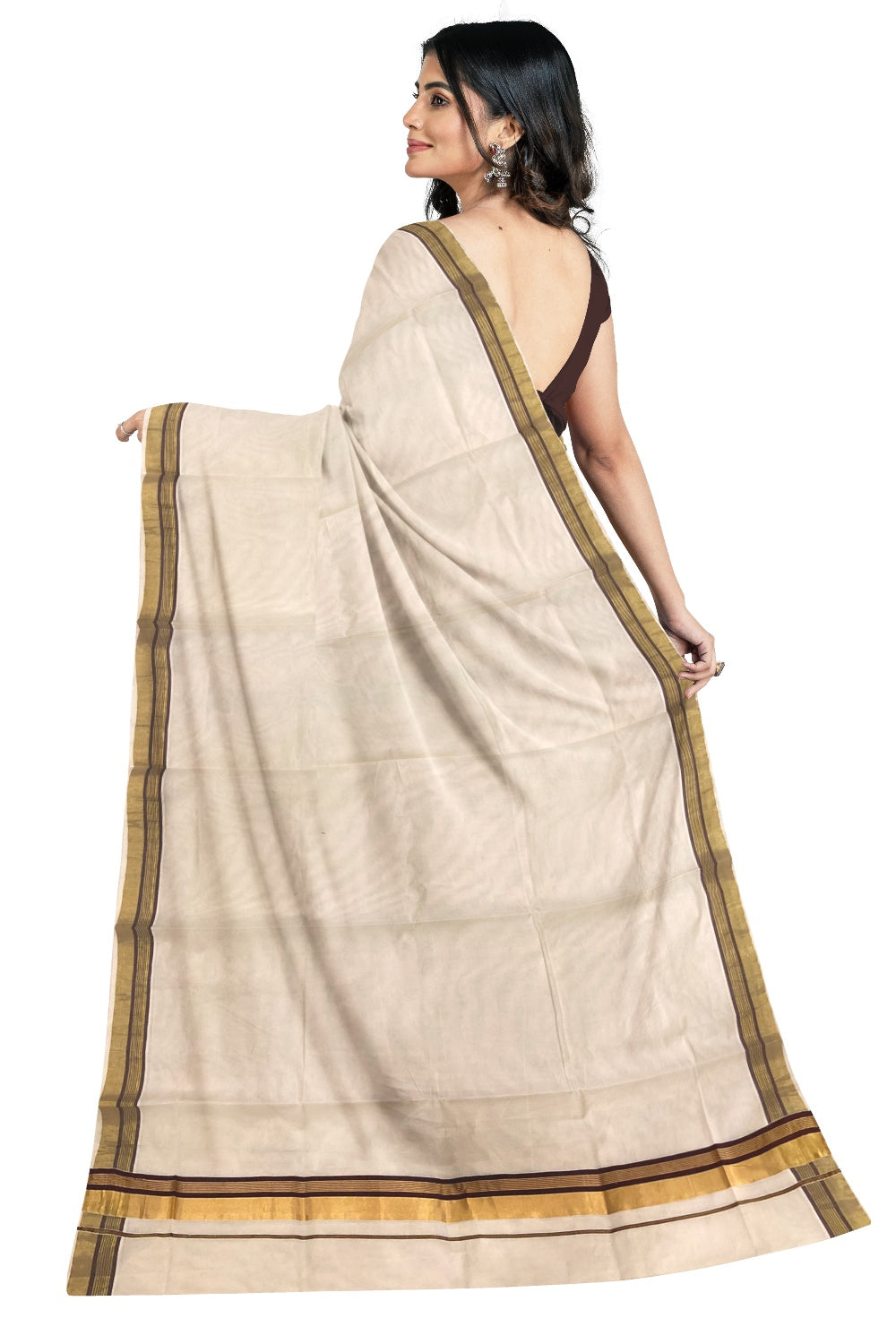 Kerala Pure Cotton Plain Saree with Kasavu and Brown Border