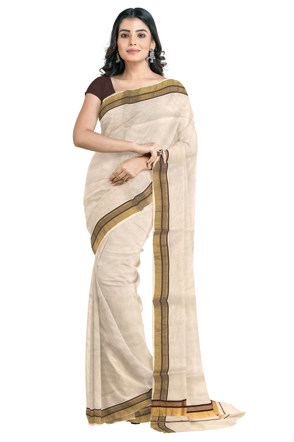 Kerala Pure Cotton Plain Saree with Kasavu and Brown Border