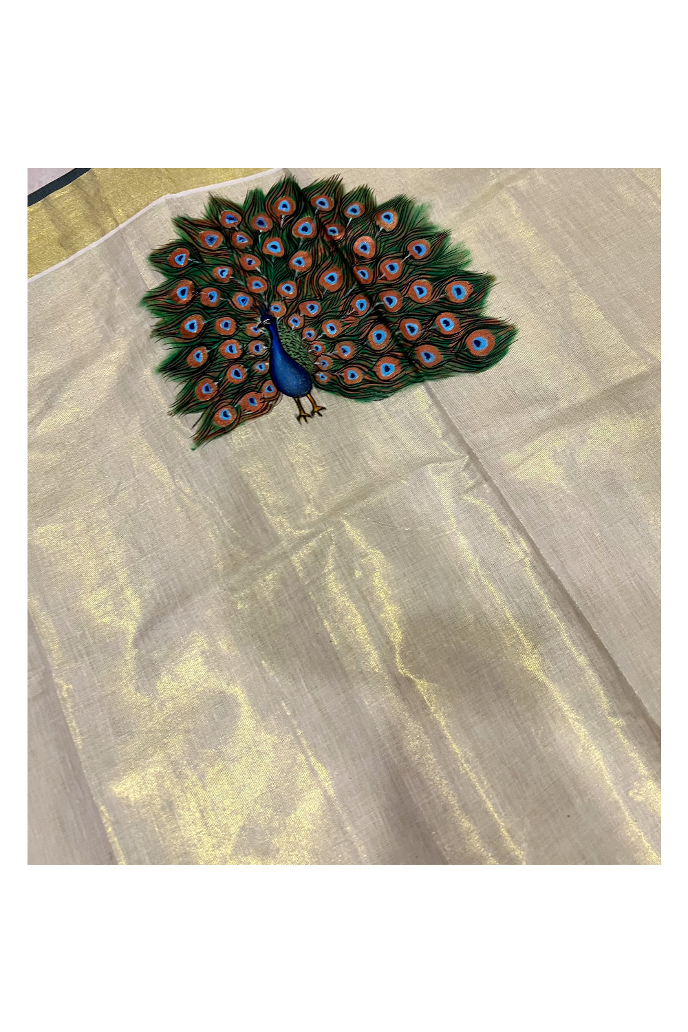 Kerala Tissue Kasavu Saree with Hand Painted Peacock Design and Dark Green Tassels Work