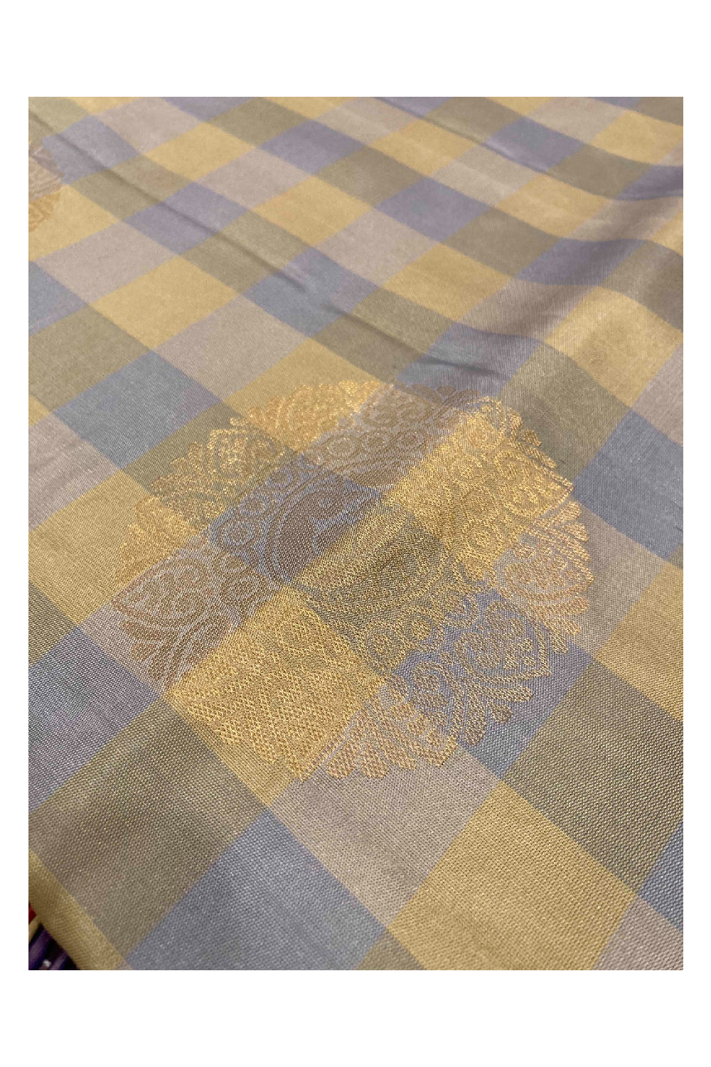 Southloom Handloom Pure Silk Kanchipuram Saree in Yellow Blue Check Design and Floral Motifs