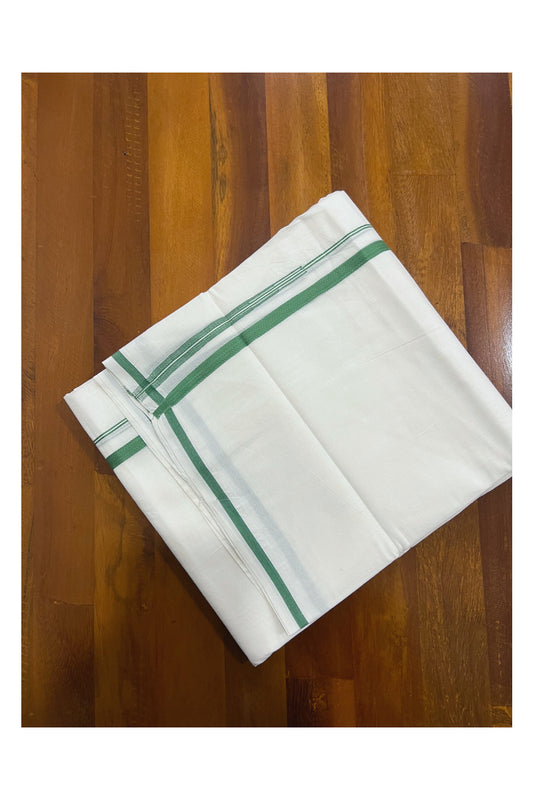 Pure White Cotton Mundu with Green Puliyilakkara Border (South Indian Dhoti)