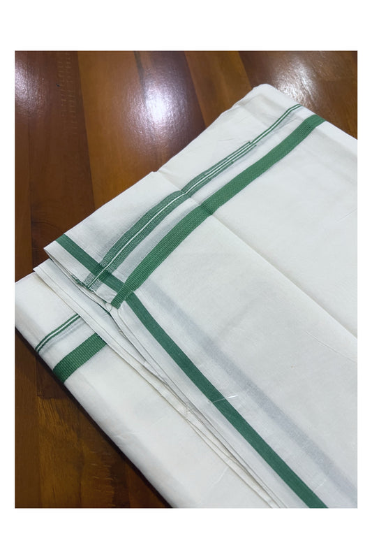 Pure White Cotton Mundu with Green Puliyilakkara Border (South Indian Dhoti)