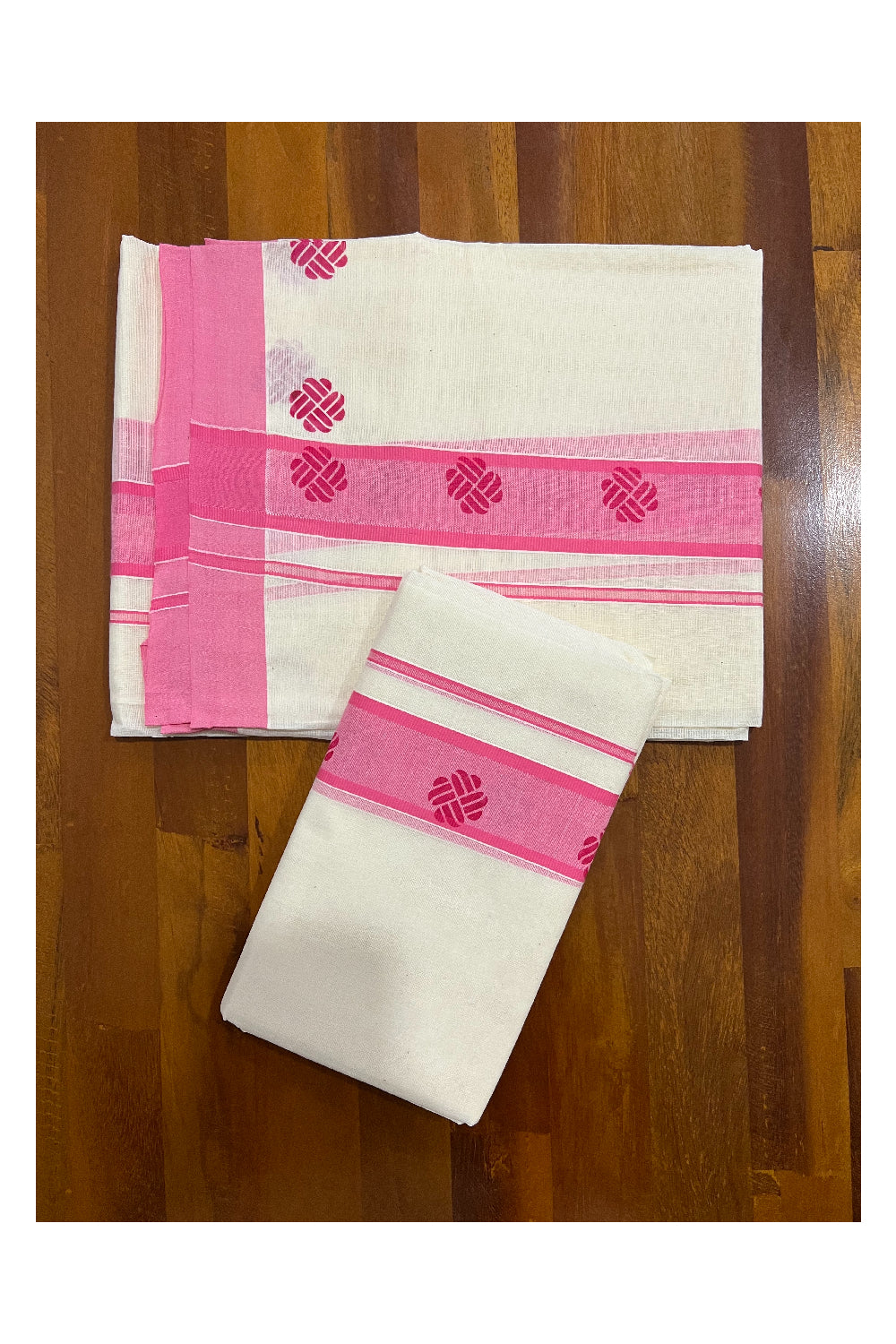 Pure Cotton Set Mundu (Mundum Neriyathum) with Pink Block Prints on Border