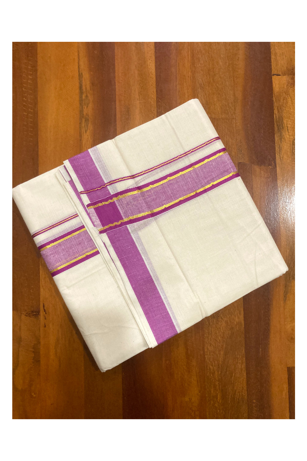 Off White Pure Cotton Double Mundu with Kasavu and Magenta Border (South Indian Dhoti)