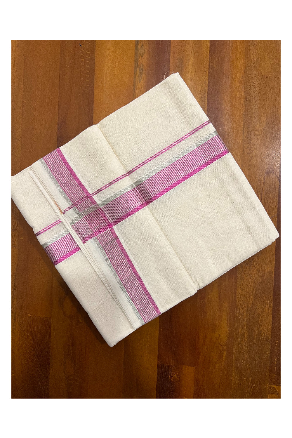 Southloom Balaramapuram Handloom Pure Cotton Mundu with Silver and Magenta Kasavu Border (South Indian Dhoti)