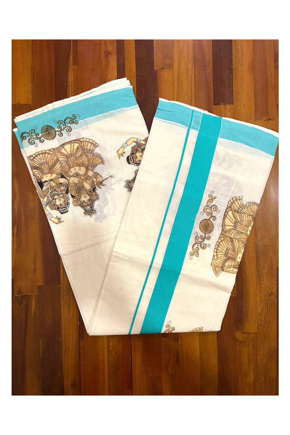 Kerala Pure Cotton Saree with Brown Krishna Radha Prints and Turquoise Border