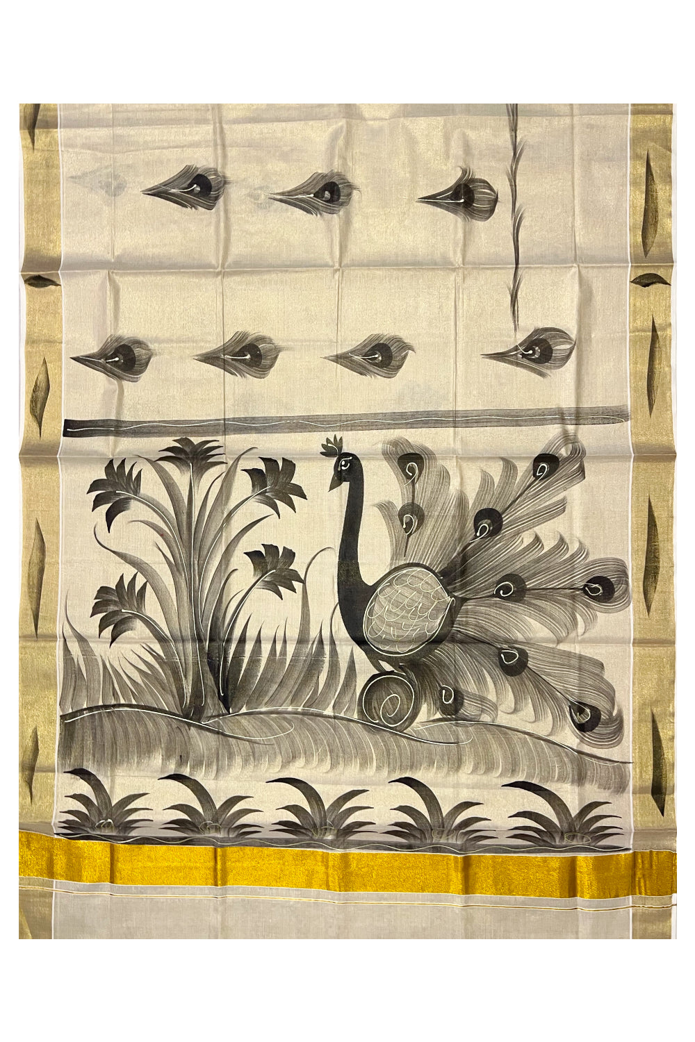 Kerala Tissue Kasavu Saree with Black Hand Painted Peacock Design