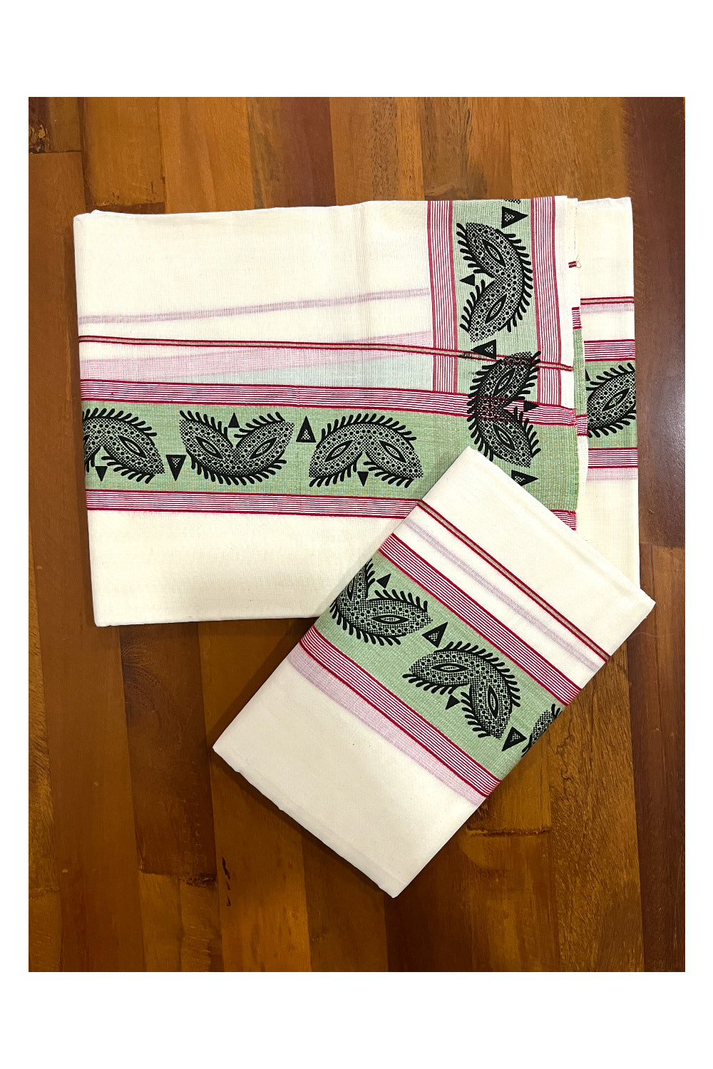 Kerala Cotton Single Set Mundu (Mundum Neriyathum) with Black Block Prints on Green Red Border