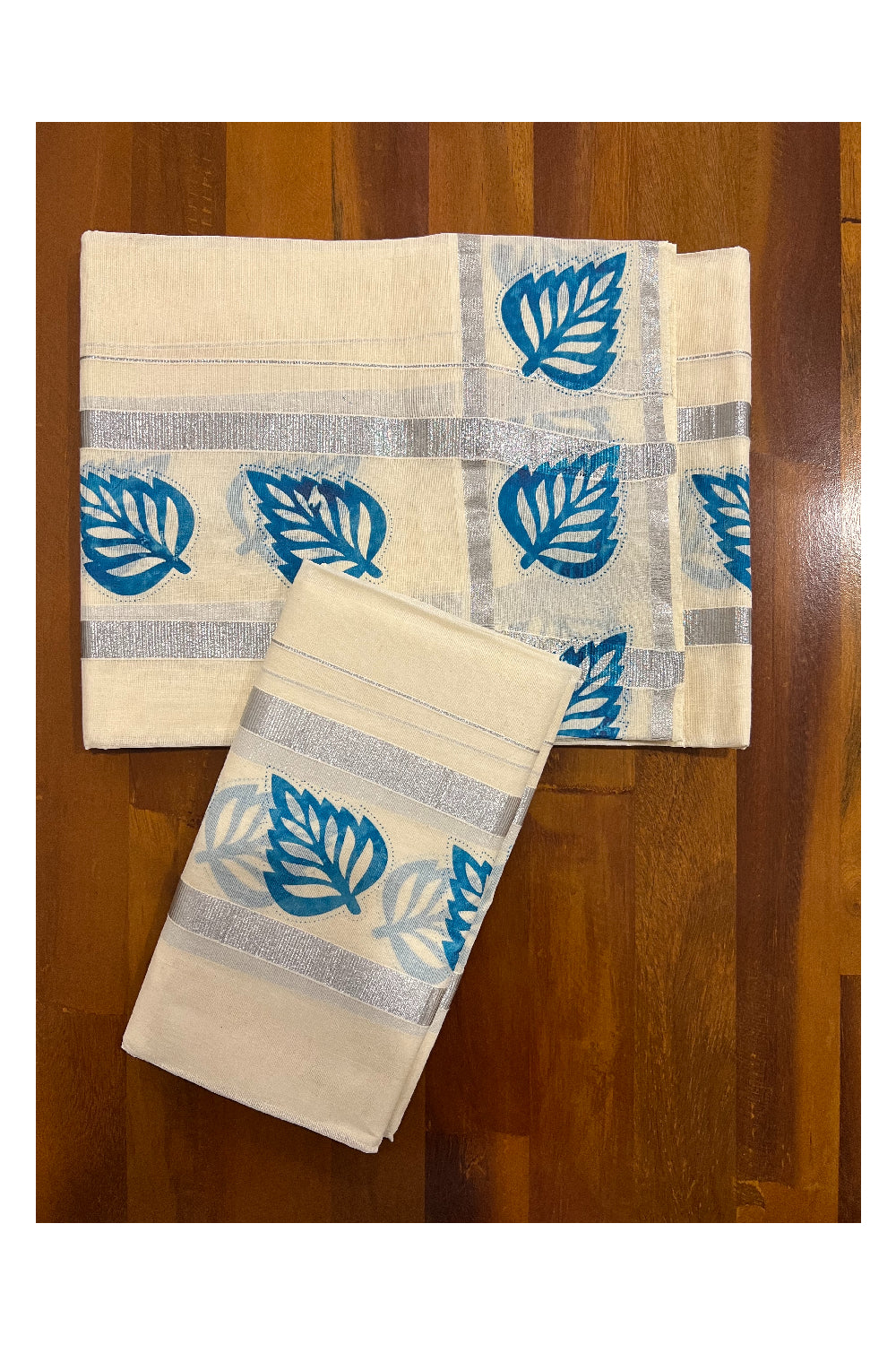 Kerala Cotton Silver Kasavu Set Mundu (Mundum Neriyathum) with Light Blue Leaf Block Print Border