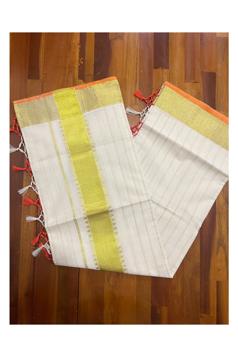 Kerala Cotton Stripes Design Saree with Kasavu Temple Pallu and Orange Tassels work