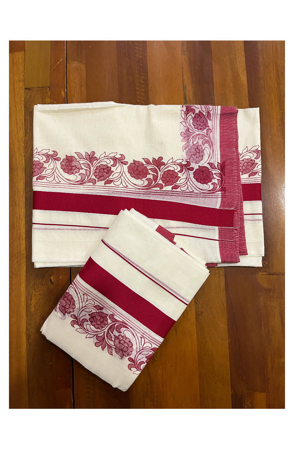 Kerala Cotton Set Mundu (Mundum Neriyathum) with Maroon Block Prints on Border