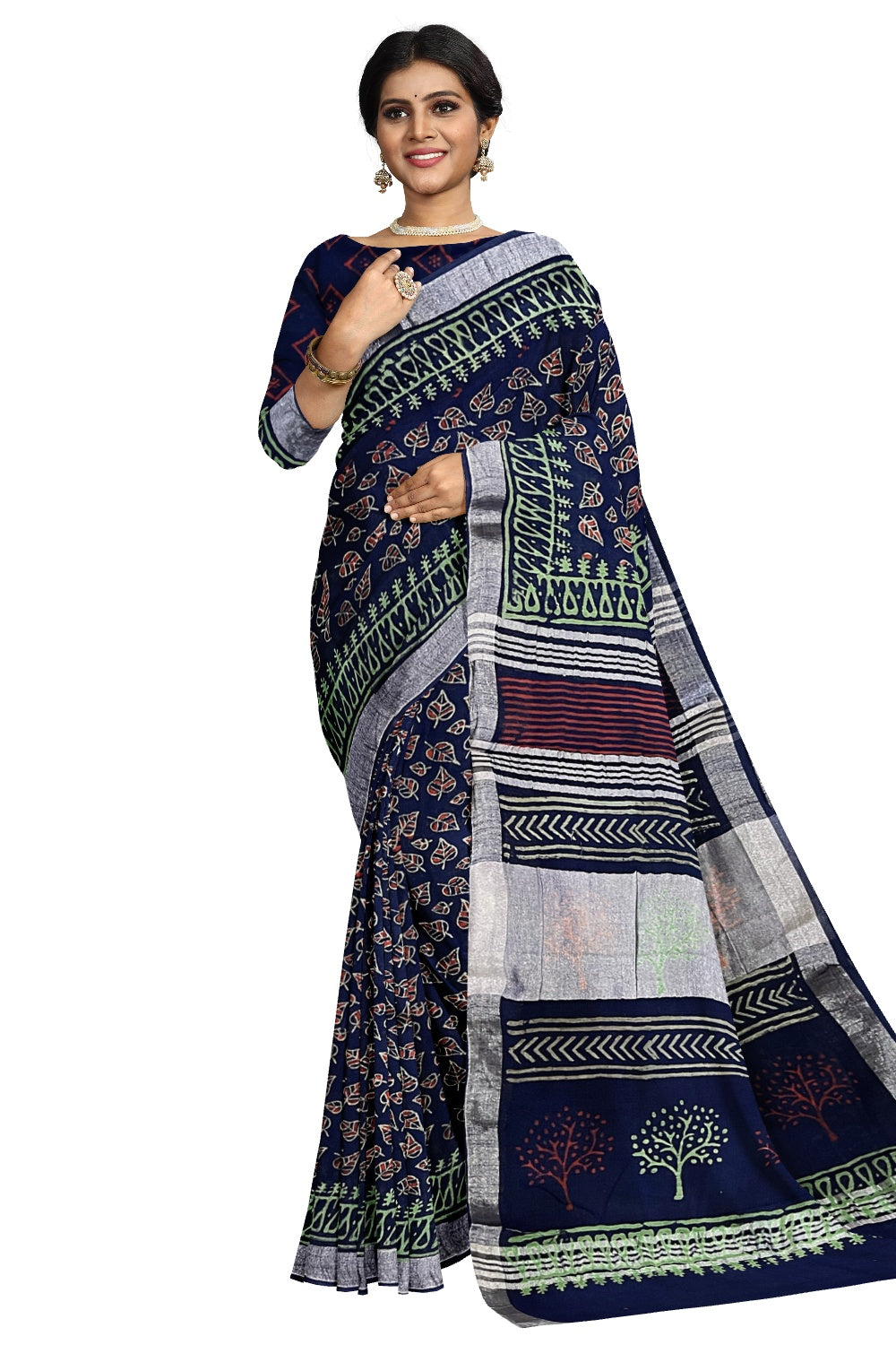 Southloom Linen Designer Blue Saree with Red Green Fabric Prints on Body and Tassels Works