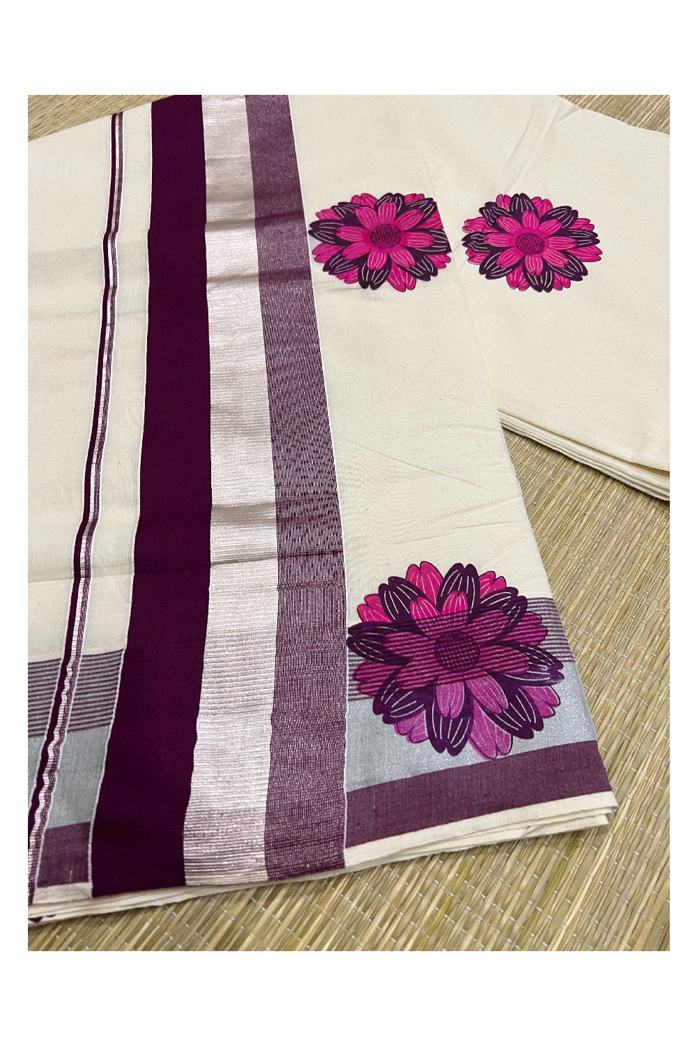 Kerala Cotton Silver Kasavu Saree with Purple Floral Mural Printed Border