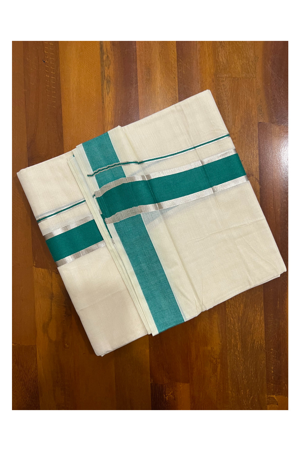 Off White Kerala Double Mundu with Silver Kasavu and Green Border (South Indian Dhoti)