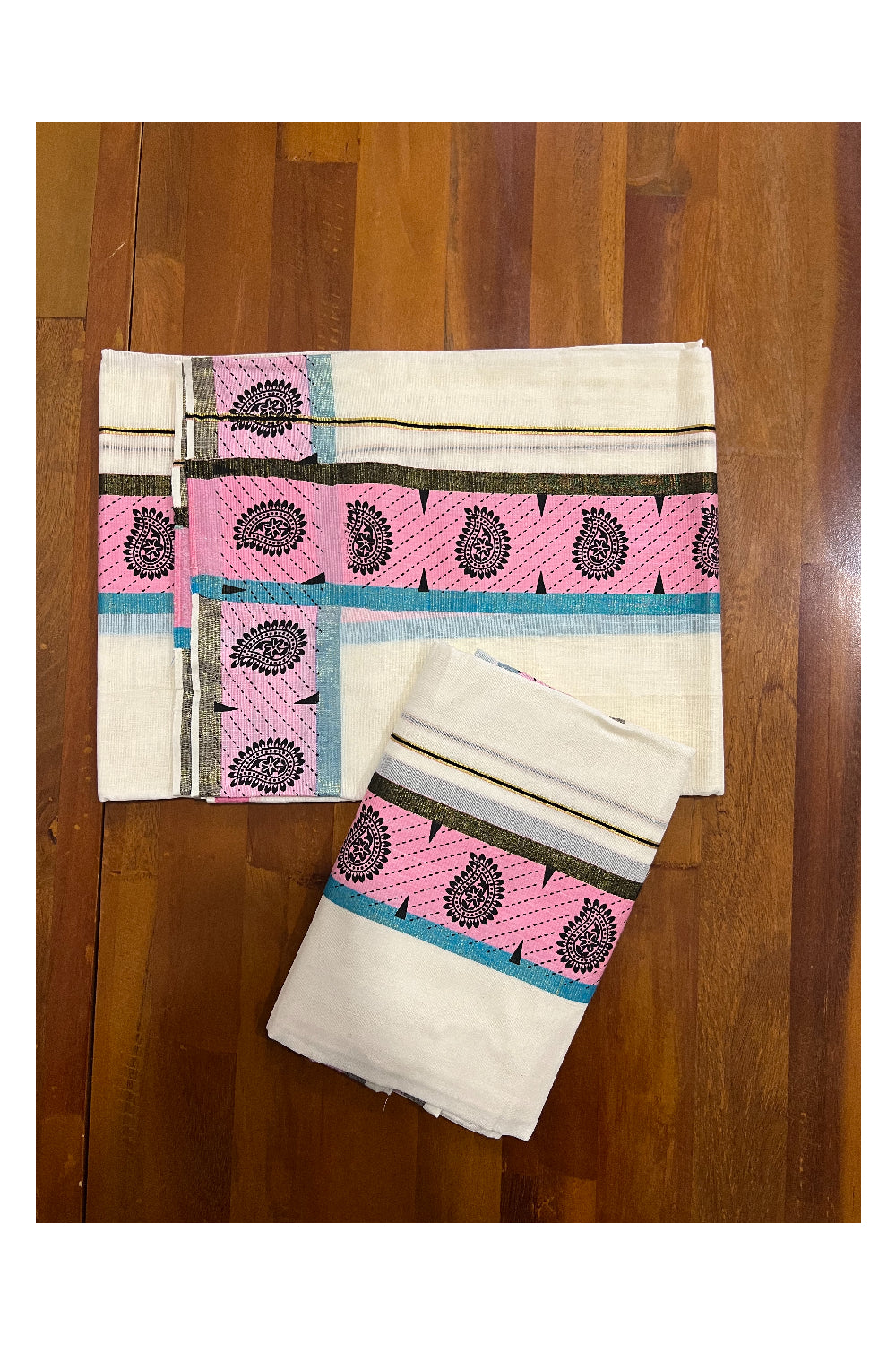 Kerala Cotton Kasavu Set Mundu (Mundum Neriyathum) with Black Paisley Block Prints in Pink Border