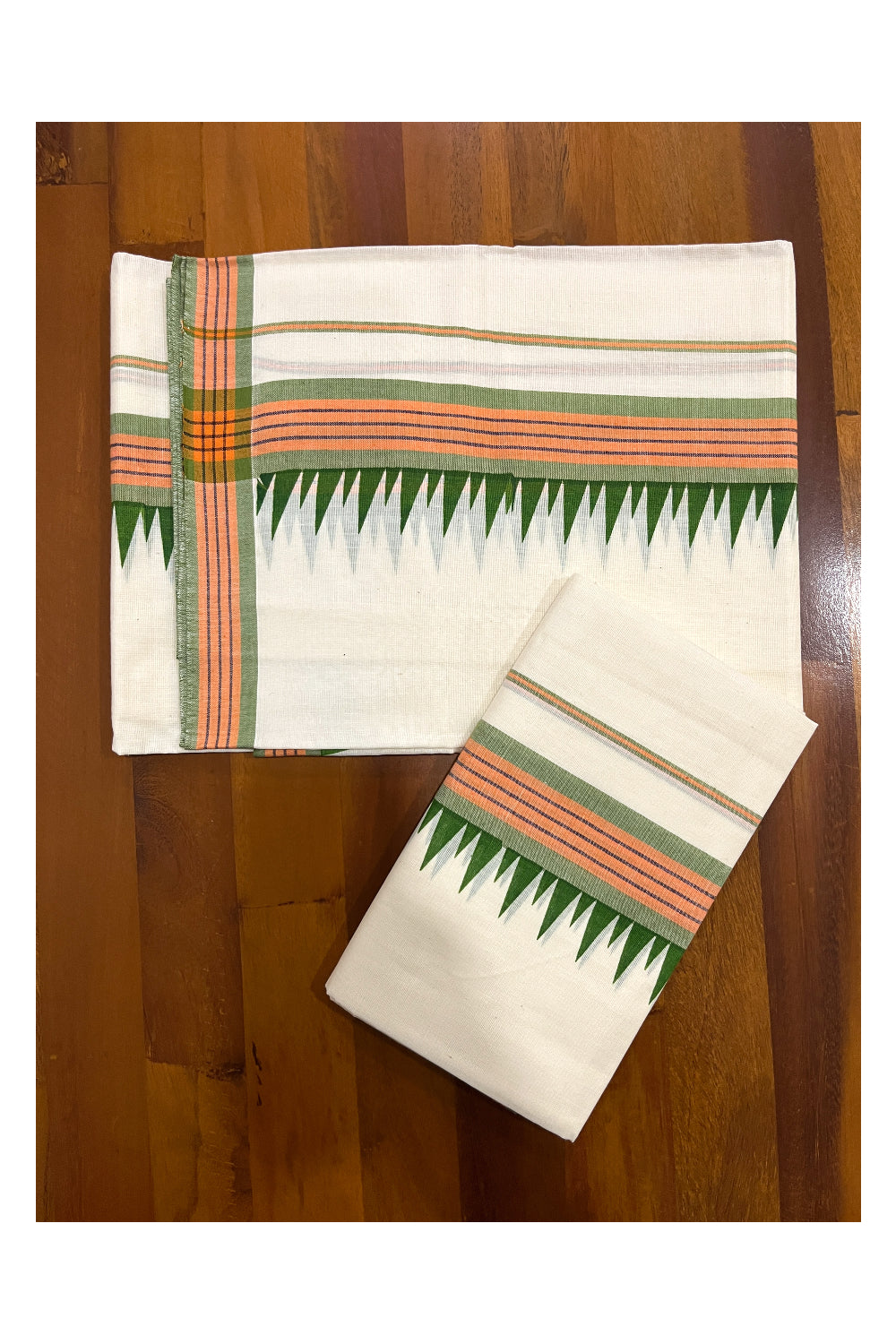 Kerala Cotton Mulloth Mundum Neriyathum Single (Set Mundu) with Green Temple Block Prints Orange Border (Extra Soft Cotton)